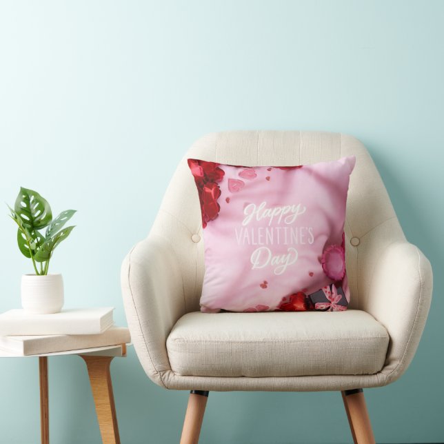 Romantic "Happy Valentine's Day" Rose  Throw Pillow (Chair)