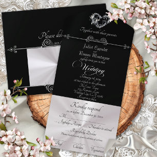 Romantic Heart & Calligraphy - Black/Silver All In One Invitation