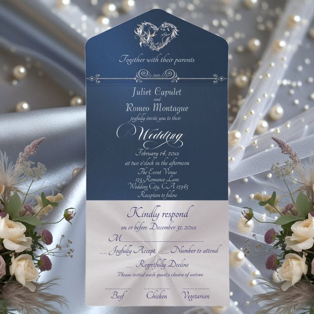 Romantic Heart & Calligraphy - Blue/Silver All In One Invitation (Creator Uploaded)