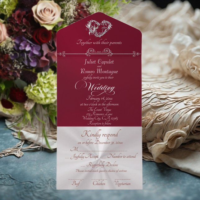 Romantic Heart & Calligraphy - Burgundy/Silver All In One Invitation (Creator Uploaded)