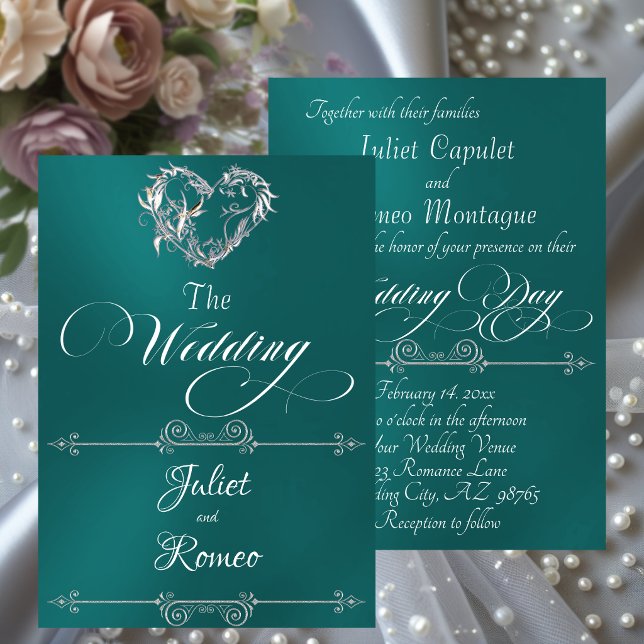 Romantic Heart & Calligraphy on Teal - Wedding Invitation (Creator Uploaded)