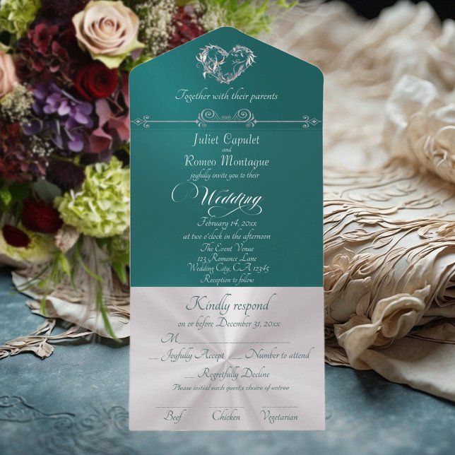 Romantic Heart & Calligraphy - Teal/Silver All In One Invitation (Creator Uploaded)