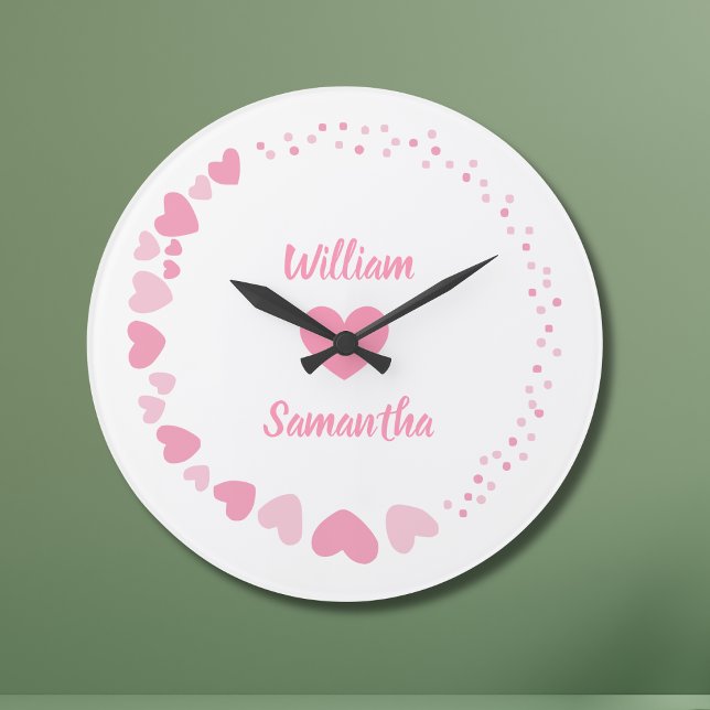 Romantic Heart custom Couple Name Love white  Large Clock (Creator Uploaded)