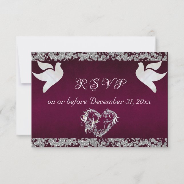 Romantic Heart, Doves & Glitter - Purple RSVP Card (Front)