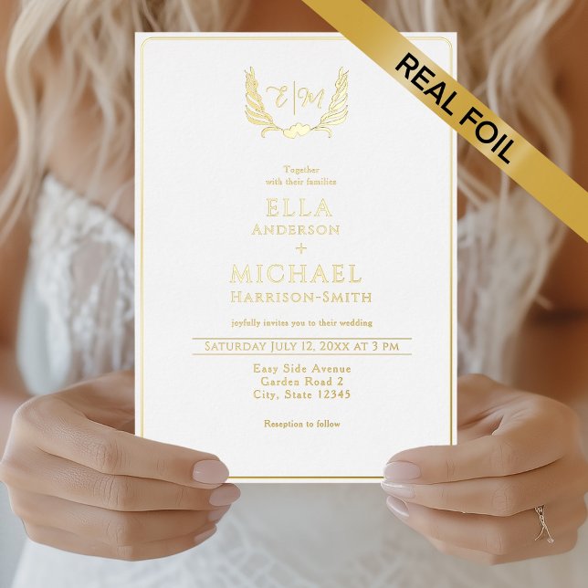 Romantic Heart Foliage Monogram Wedding Foil Invitation (Romantic Heart Foliage Monogram Wedding Foil Invitation - Gold, Silver or Rose Gold option)