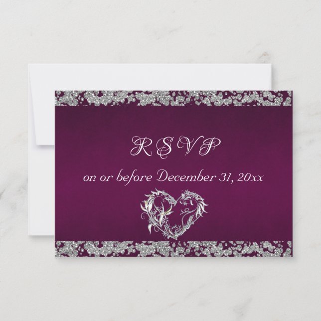 Romantic Heart & Glitter on Plum RSVP Card (Front)