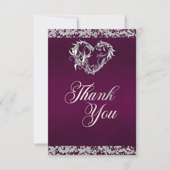 Romantic Heart & Glitter on Plum Thank You Card (Front)