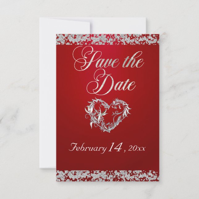 Romantic Heart & Glitter on Red Save The Date (Front)