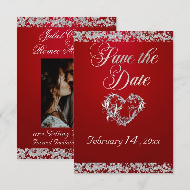 Romantic Heart & Glitter on Red Save The Date (Front/Back)
