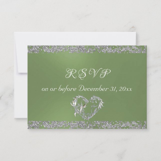 Romantic Heart & Glitter on Sage RSVP Card (Front)