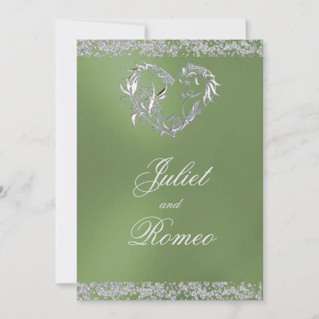 Romantic Heart & Glitter on Sage Wedding Invitation (Front)