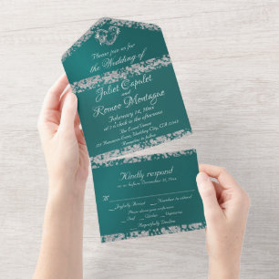 Romantic Heart & Glitter on Teal All In One Invitation