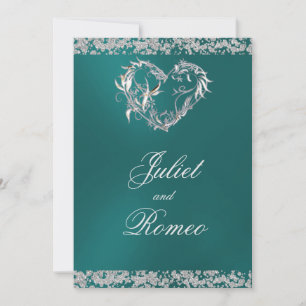 Romantic Heart & Glitter on Teal Wedding Invitation