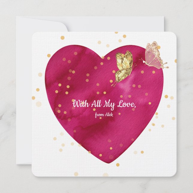 Romantic Heart & Gold Butterfly Valentine Card (Front)
