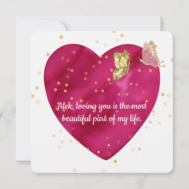Romantic Heart & Gold Butterfly Valentine Card (Front)