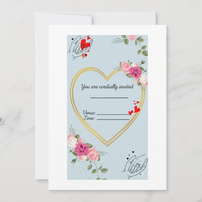 Romantic Heart Gold Frame Wedding Invitation with  (Front)
