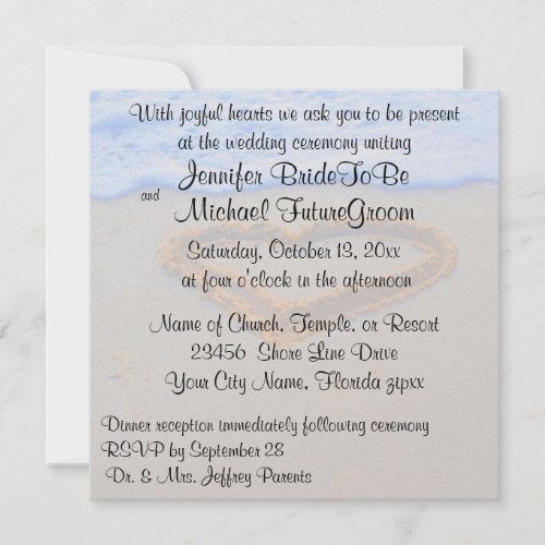 Romantic Heart in Sand beach Wedding Personalized Announcements