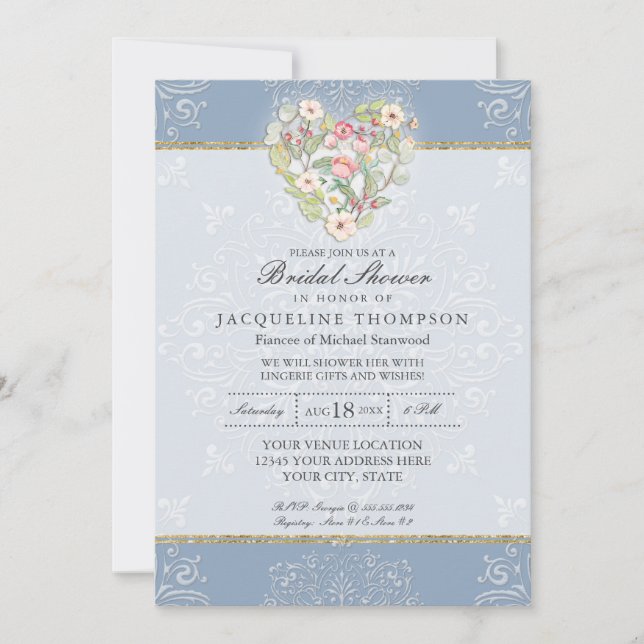 Romantic Heart Lace Dusty Blue Pink Bridal Shower Invitation (Front)