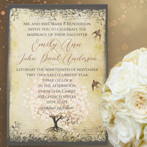 Romantic Heart Leaf Pink Tree Love Bird Wedding In Invitation