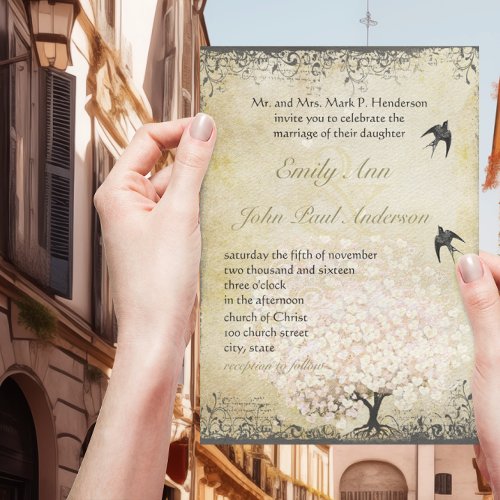 Heart Leaf Pink Tree Vintage Birds Wedding Invites