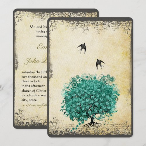 Romantic Heart Leaf Teal Tree Lovebird Wedding Card