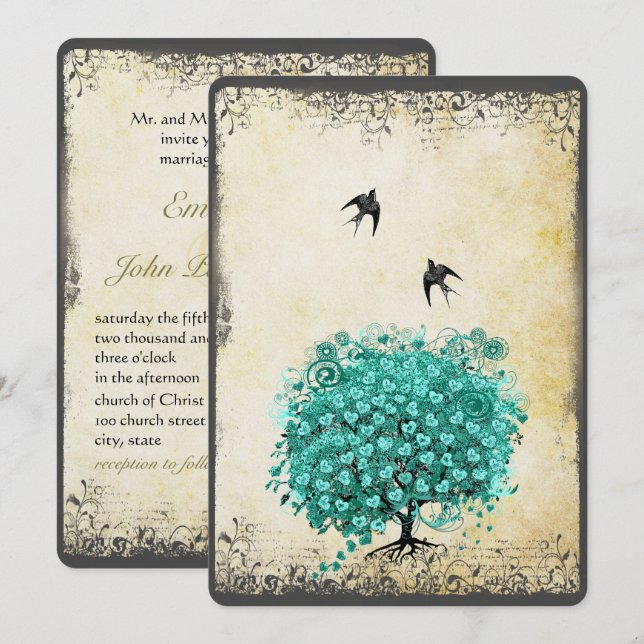 Romantic Heart Leaf Teal Tree Love Bird Wedding Invitation (Front/Back)