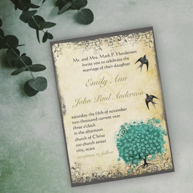 Romantic Heart Leaf Teal Tree Love Bird Wedding Invitation (Creator Uploaded)