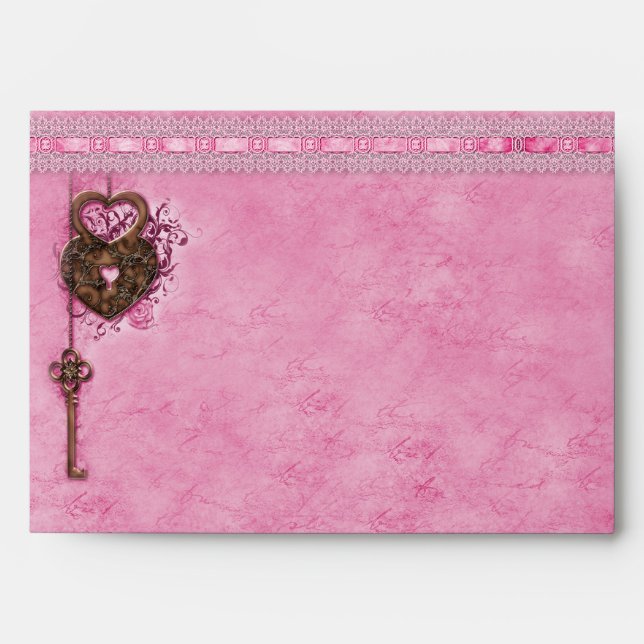Romantic Heart Lock Key Faux Pink Lace Envelope (Front)