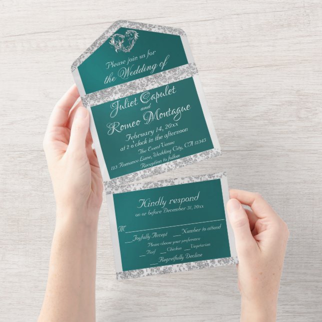 Romantic Heart, Ribbon & Glitter on Teal All In One Invitation (Tearaway)