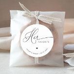 Romantic Heart Script Her Favorite Wedding Favor   Classic Round Sticker<br><div class="desc">Introduce your guests to your favorite treats with these cute stickers,  featuring romantic heart script and classic typography.</div>