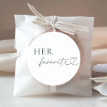 Romantic Heart Script Her Favorite Wedding Favor   Classic Round Sticker<br><div class="desc">Introduce your guests to your favorite treats with these cute stickers,  featuring romantic heart script and classic typography.</div>