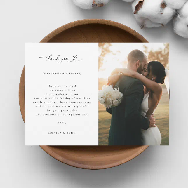 Romantic Heart Script Minimalist 2 Photo Wedding Thank You Card | Zazzle