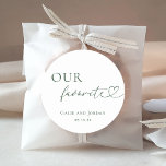 Romantic Heart Script Our Favorite Wedding Favor   Classic Round Sticker<br><div class="desc">Introduce your guests to your favorite treats with these cute stickers,  featuring romantic heart script and classic typography.</div>