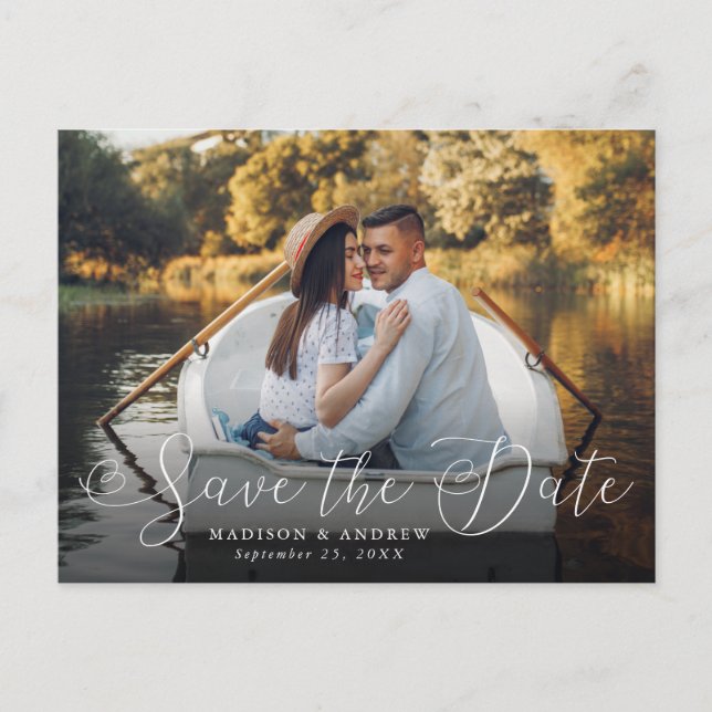 Romantic Heart Script Photo Save the Date Announcement Postcard (Front)