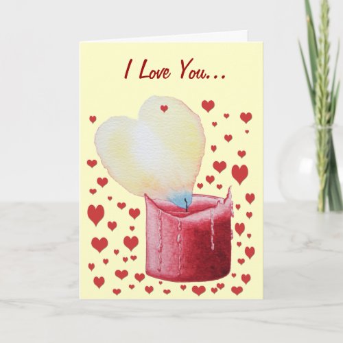 romantic heart shaped burning flame red candle holiday card