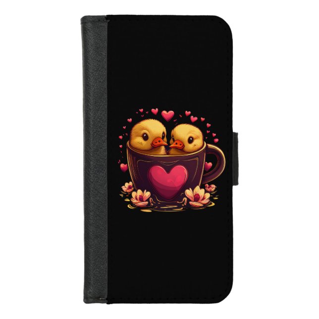 Romantic Heart-Shaped Duck Couple, Valentine's Day iPhone Wallet Case (Front)