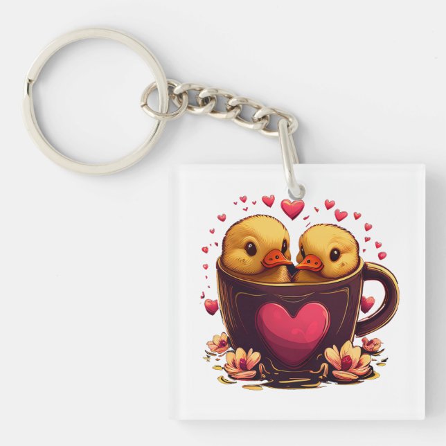 Romantic Heart-Shaped Duck Couple, Valentine's Day Keychain (Front)