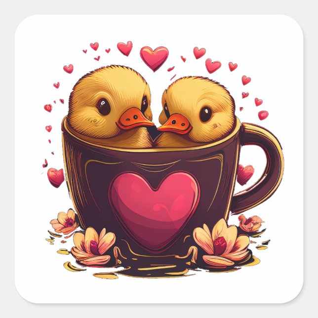 Romantic Heart-Shaped Duck Couple, Valentine's Day Square Sticker (Front)