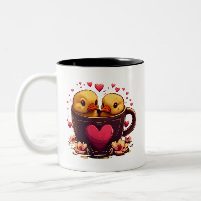 Romantic Heart-Shaped Duck Couple, Valentine's Day Two-Tone Coffee Mug (Left)