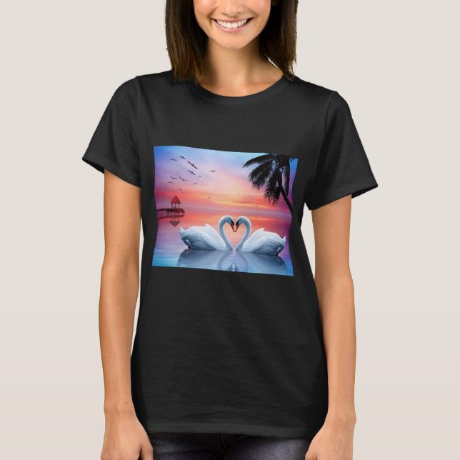 Romantic Heart Swans Tropical Sunset Paradise T-Shirt (Front)