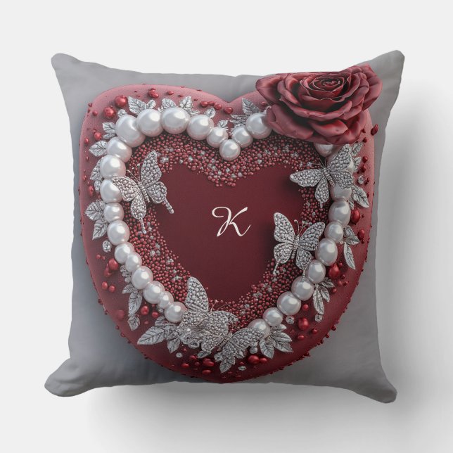 Romantic Heart With Pearl Border Throw Pillow (Front)