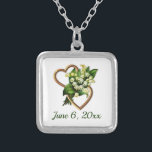 Romantic Hearts and Flowers, Special Day Silver Plated Necklace<br><div class="desc">This sentimental keepsake necklace has a lovely lily of the valley spray with two gold entwined hearts. The open metallic look hearts are place horizontally. The vintage floral spray looks as if the stems are going through the hearts. At the bottom in green decorative text is a special customizable date....</div>