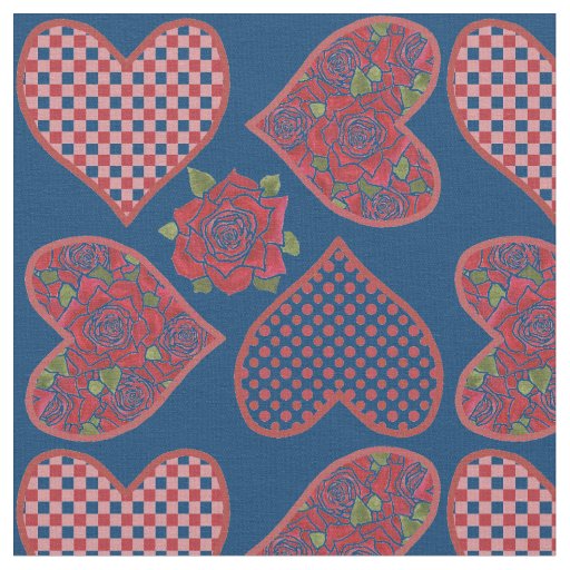 Romantic Hearts and Red Roses Pattern Fabric