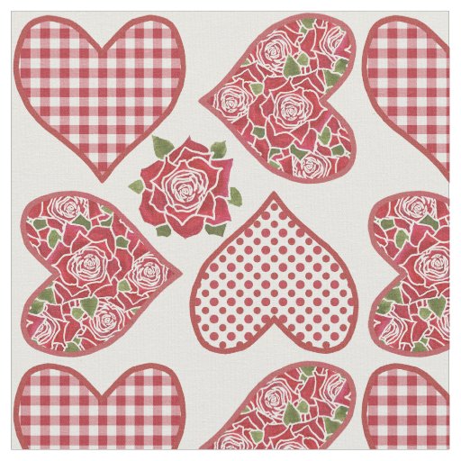 Romantic Hearts and Red Roses Pattern Fabric