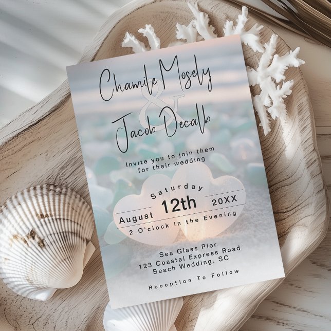 Romantic Hearts Aqua Blue Sea Glass Beach Wedding Invitation (Creator Uploaded)