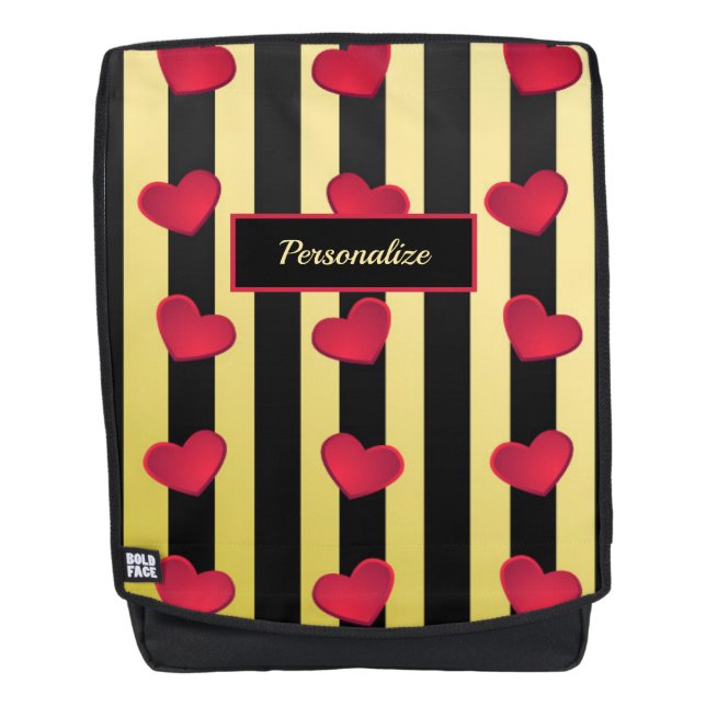 Romantic Hearts Black & Gold Stripes Personalize Backpack (Front)