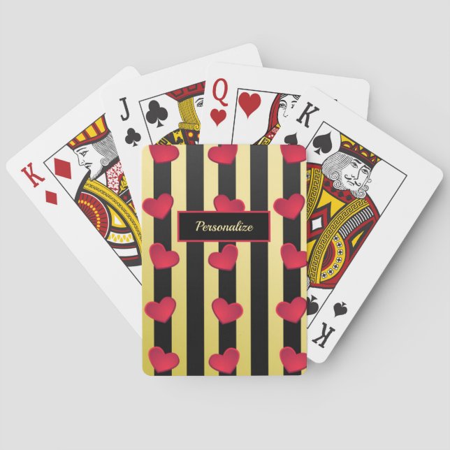 Romantic Hearts Black & Gold Stripes Personalize Poker Cards (Back)