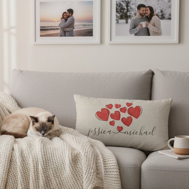 Romantic Hearts Custom Names Pillow for Newlyweds (Romantic personalized lumbar pillow for couples.)