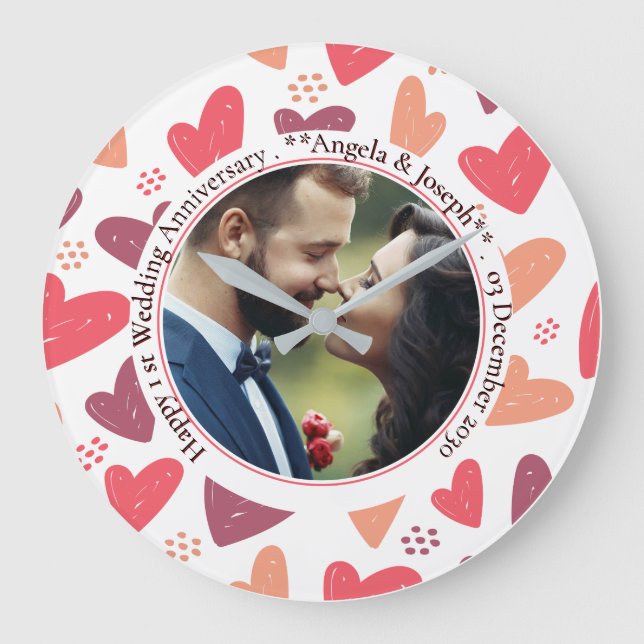 Romantic Hearts – Custom Photo Anniversary Gift Large Clock (Front)