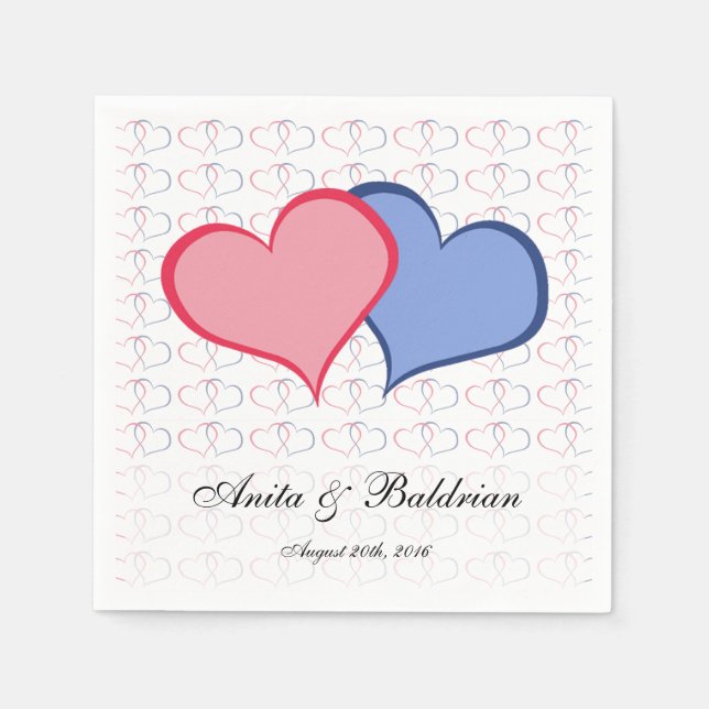 Romantic Hearts Graphical She He Pink Blue Paper Napkins (Front)